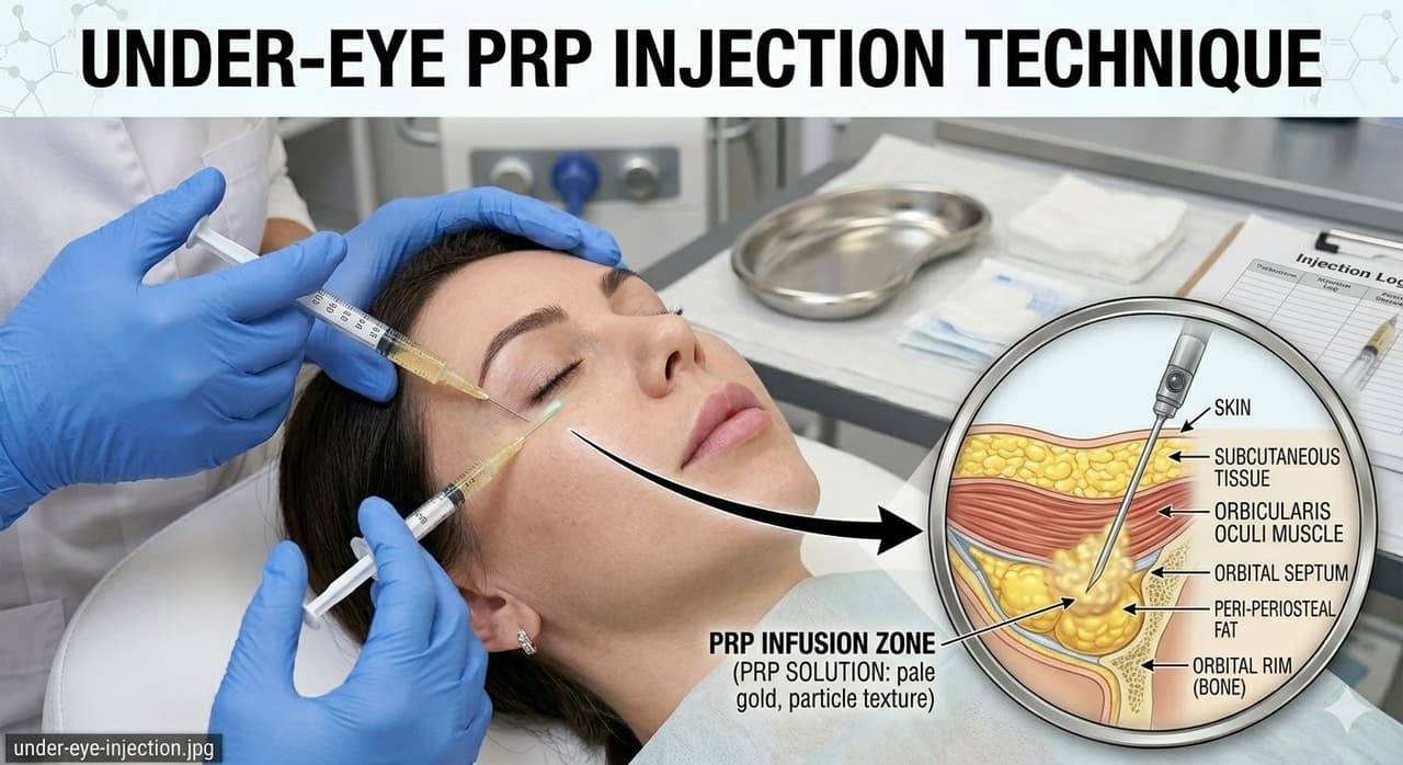 Periocular PRF injection demonstrating precise placement in the infraorbital region